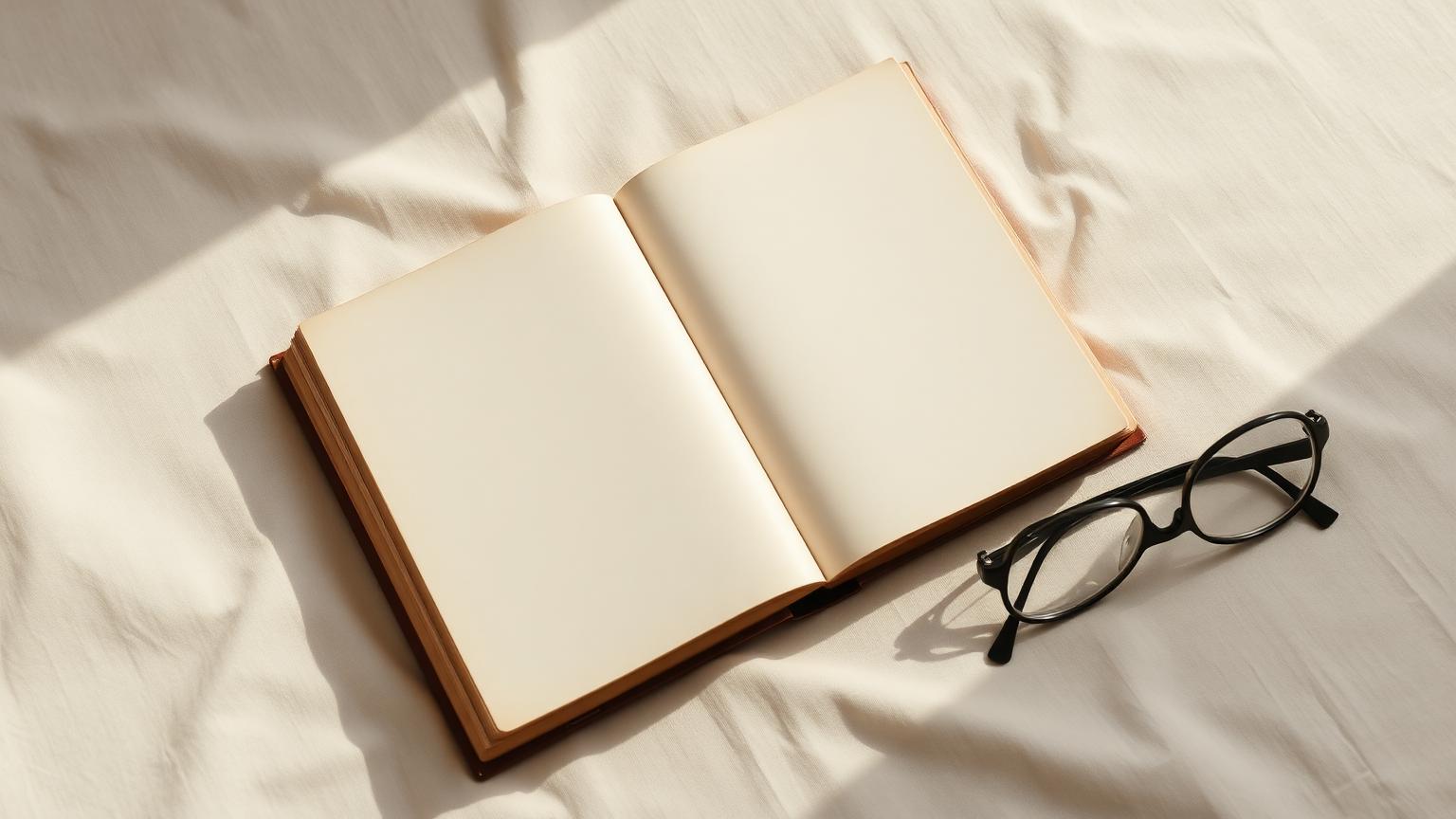 Livro aberto em páginas em branco sobre tecido claro, ao lado de óculos de leitura